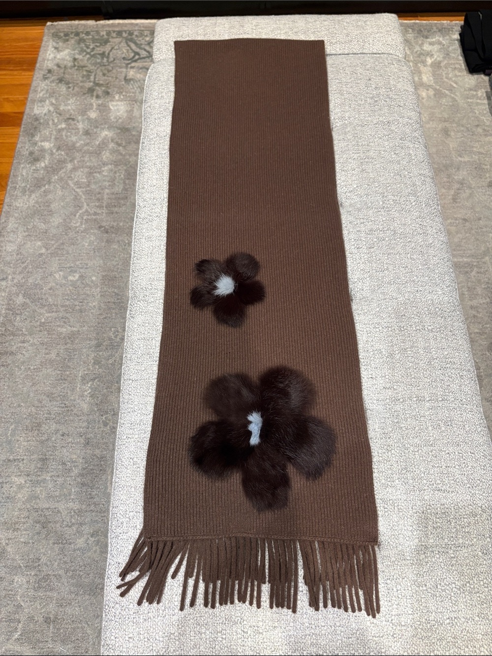 Portolano Brown Fringe Scarf with Floral Fur Appliqués